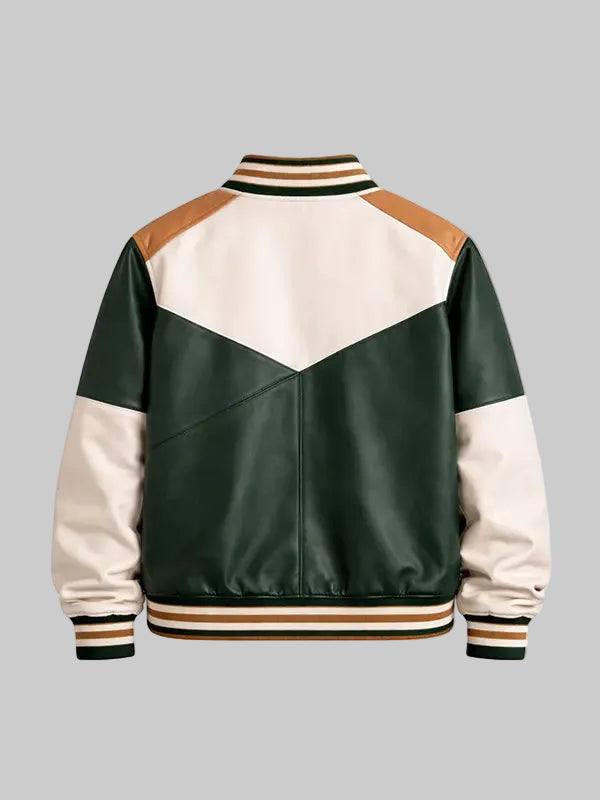 Color Block Green Varsity Leather Bomber Jacket