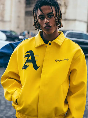 Mens-Doncare-AFGK-Racing-Ferrari-Leather-Jacket-Yellow