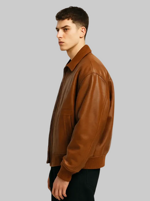Men’s Oversized Front Pockets Brown Leather Bomber Jacket