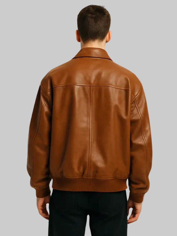 Oversized Front Pockets Brown Leather Bomber Jacket