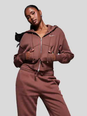 Nike-Sportswear-Phoenix-Fleece-Womens-Loose-Full-Zip-Cropped-Hoodie-Brown