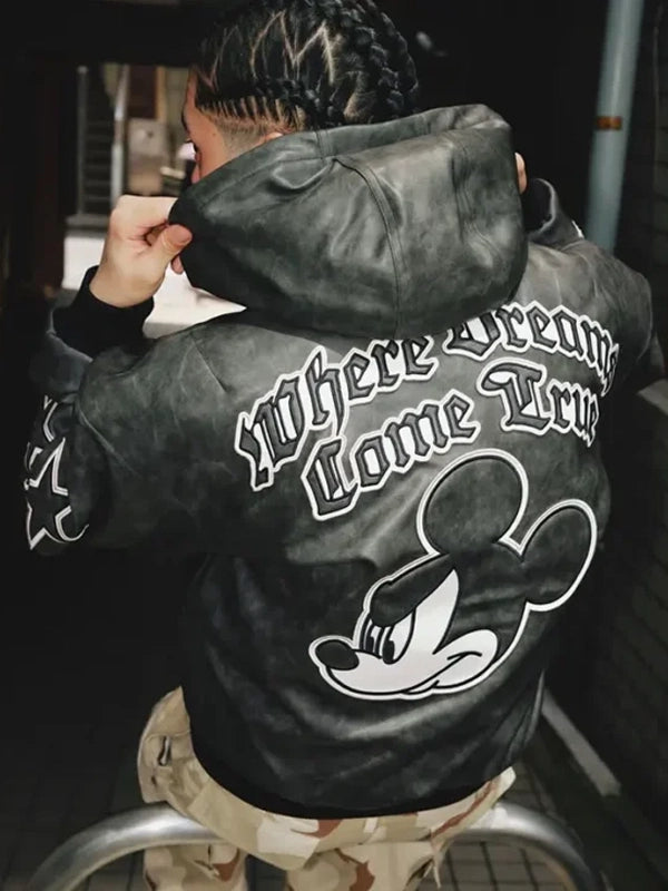 Adidas-Mickey-Mouse-Where-Dreams-Come-True-Hooded-Black-Leather-Jacket