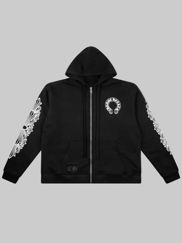 Black-Chrome-Hearts-Horseshoe-Floral-ZIP-Up-Hoodie