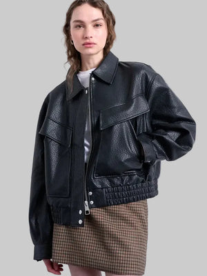 Boxy Faux Leather Bomber Jacket
