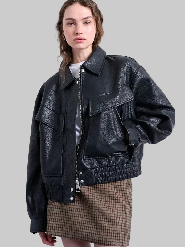 Boxy Faux Leather Bomber Jacket