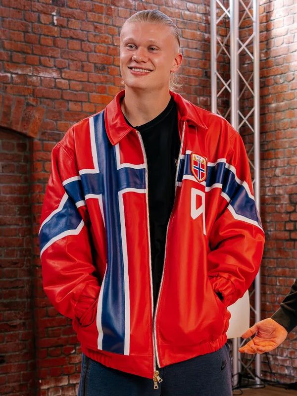 Haaland-Norway-Custom-Red-Leather-Bomber-Jacket-For-Sale