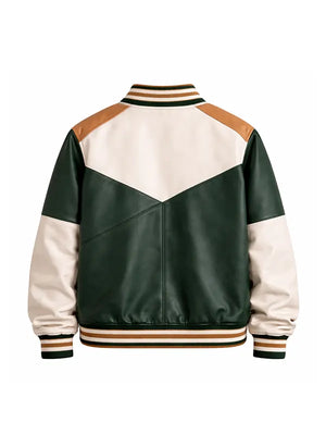 Color Block Green Varsity Leather Bomber Jacket