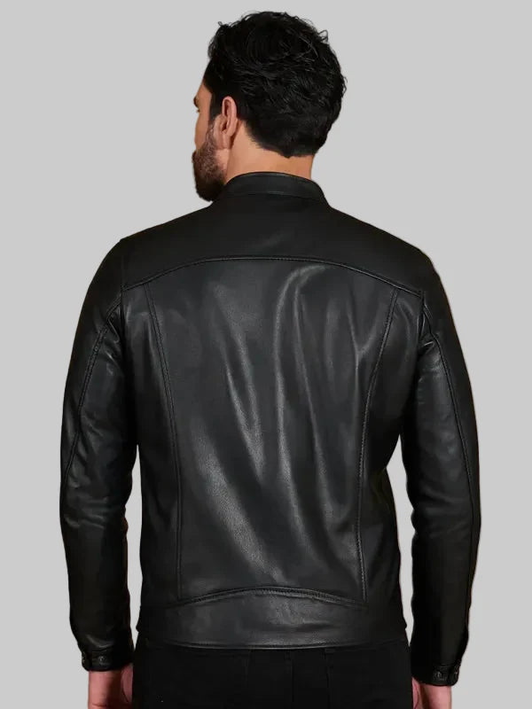 Men's Black Nappa Lamb Leather Biker Jacket Korean Collar