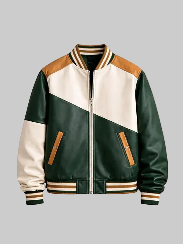 Men’s Color Block Green Varsity Leather Bomber Jacket
