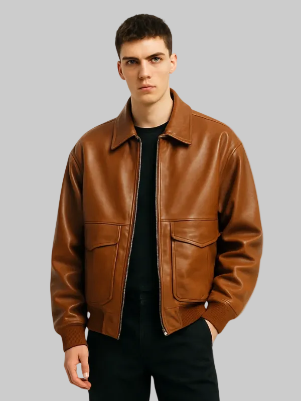 Oversized Front Pockets Leather Bomber Jacket