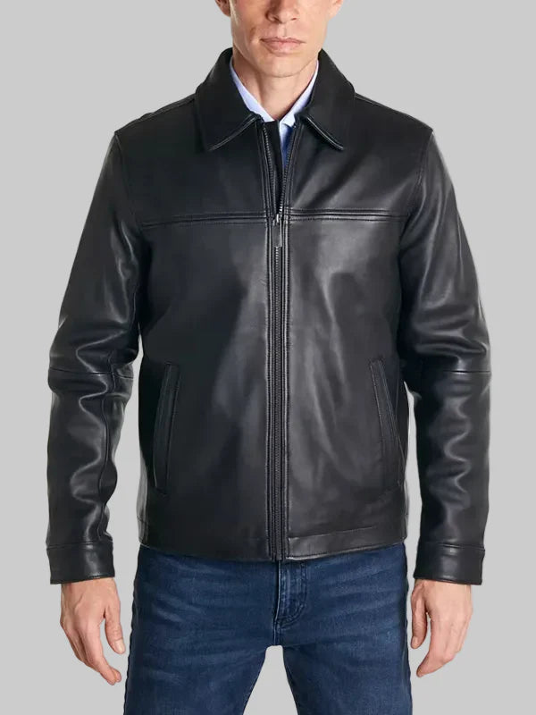 Perry Ellis Men's Classic Black Leather Jacket