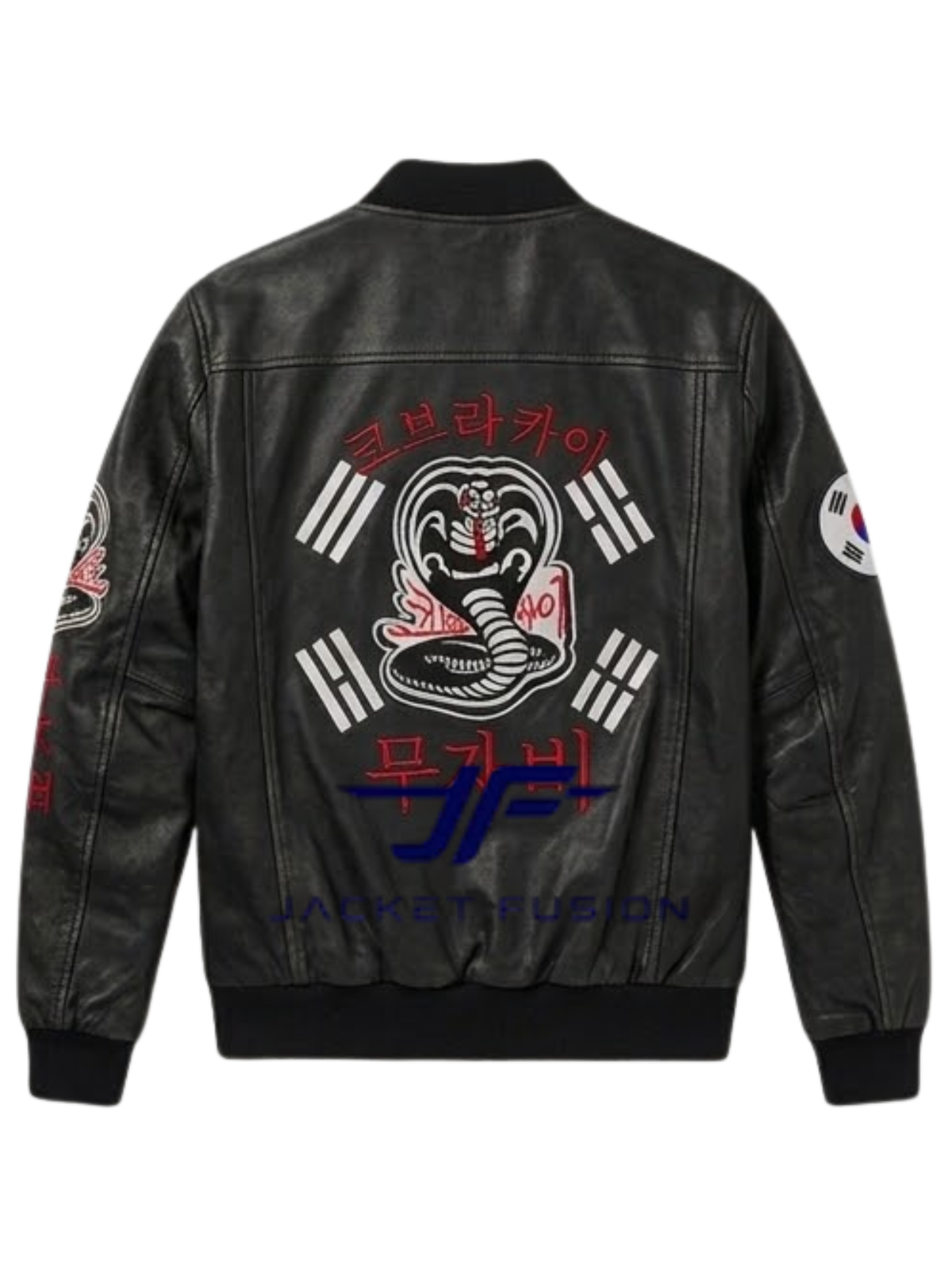 South-Korean-Cobra-Kai-Bomber-Black-Leather-Jacket-Back-View