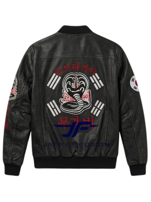 South-Korean-Cobra-Kai-Bomber-Black-Leather-Jacket-Back-View