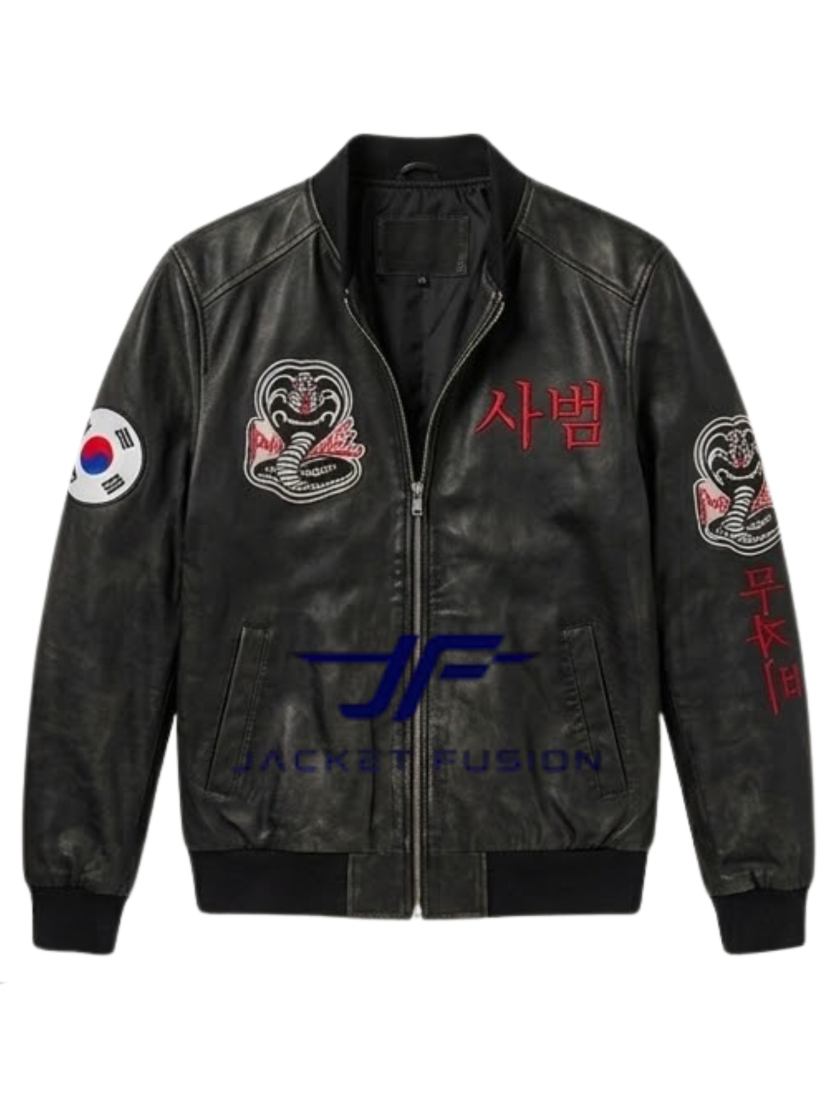 South-Korean-Cobra-Kai-Bomber-Black-Leather-Jacket-Front-View