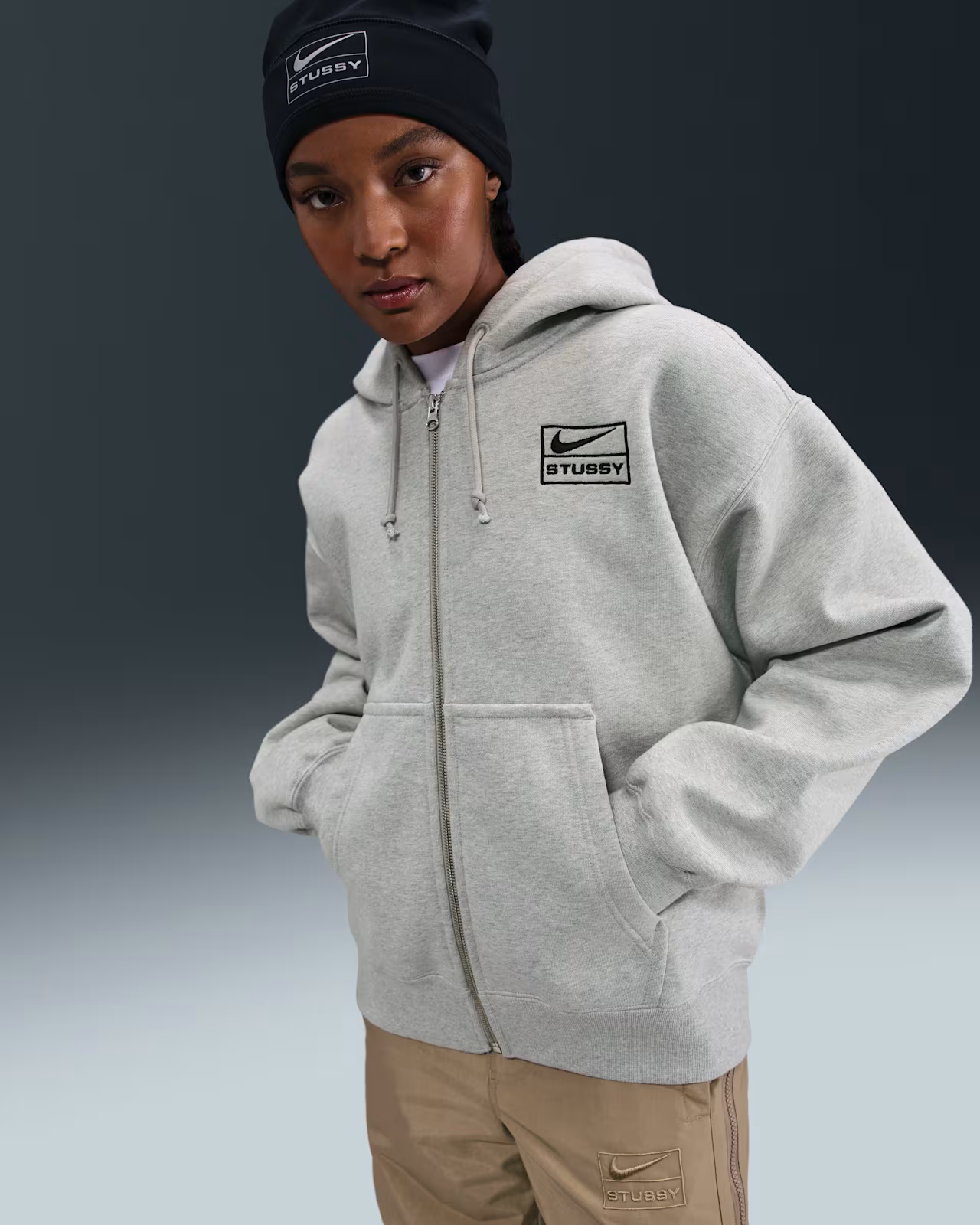 Stussy-Nike-Womens-Fleece-ZIP-Up-Grey-Hoodie