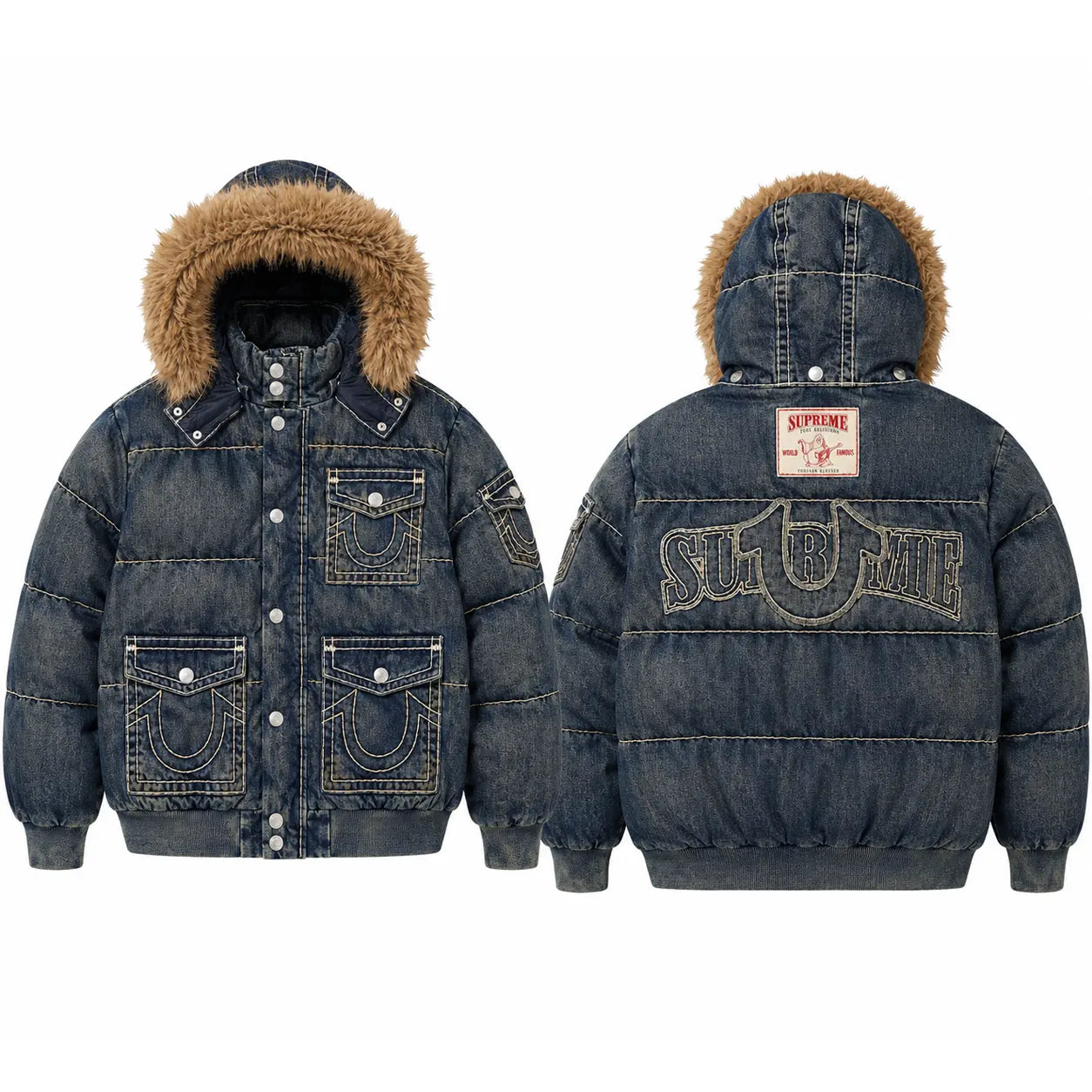 Supreme-x-True-Religion-hooded-Puffer-Jacket-for-mens-and-womens