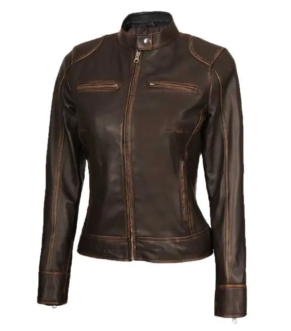 Women’s Distressed Brown Leather Jacket For Sale